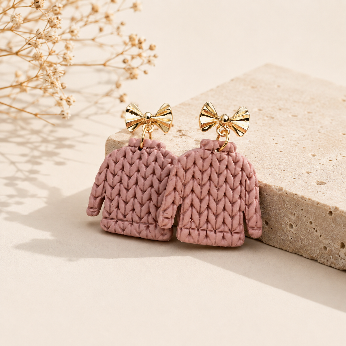 A pair of miniature pink knit sweater earrings with gold bow stud tops, displayed on a beige stone block with dried flowers in the background.